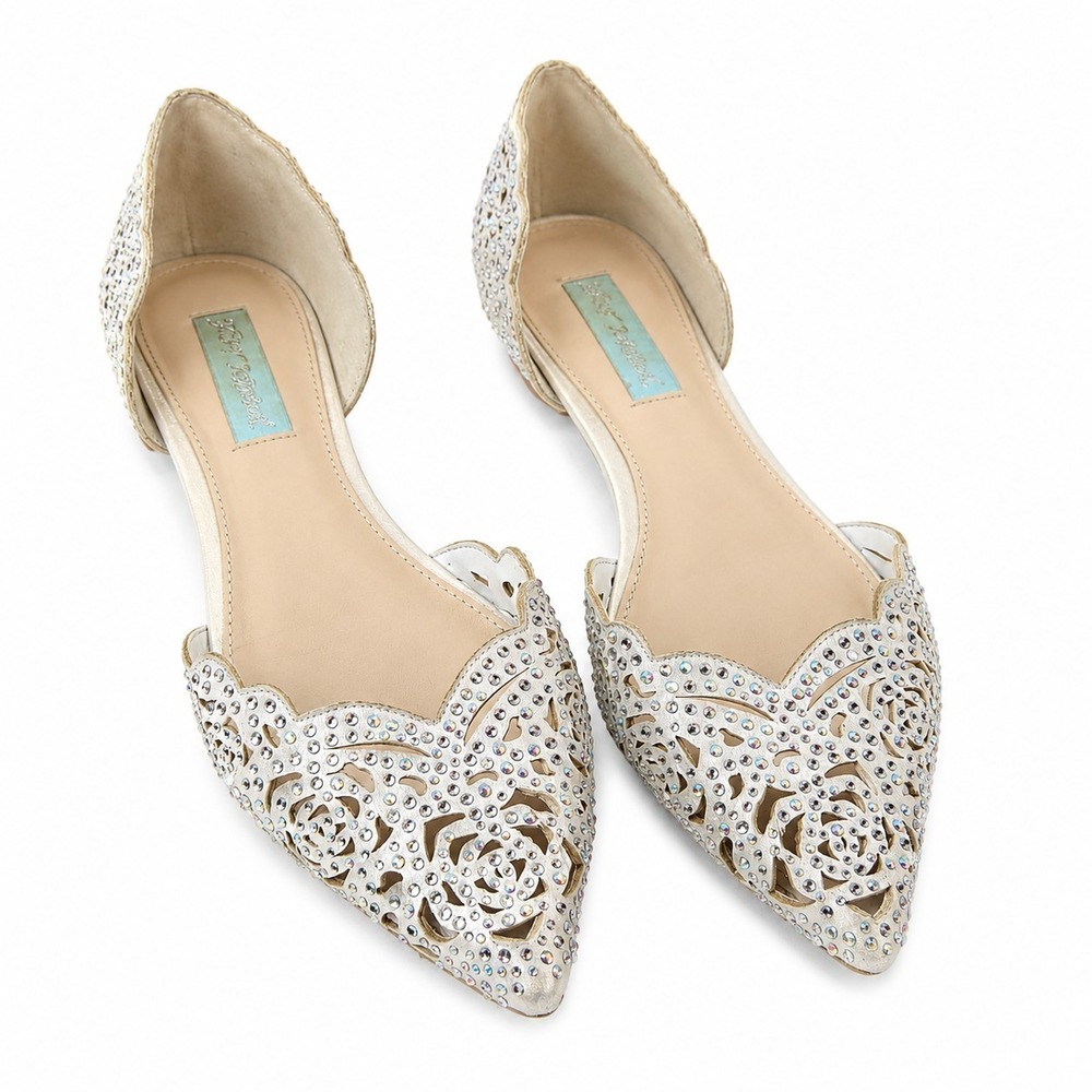 BETSEY JOHNSON SB Lucy d'Orsay Flat Sz 7.5 Champagne Laser-Cut Floral Rhinestone